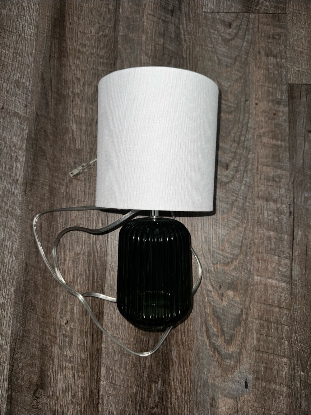 Small Ribbed Dark Green Glass Table Lamp with White Fabric Shade